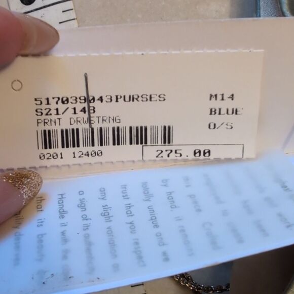 NWT Megan Park handmade beaded silk drawstring bag light blue - Picture 8 of 13